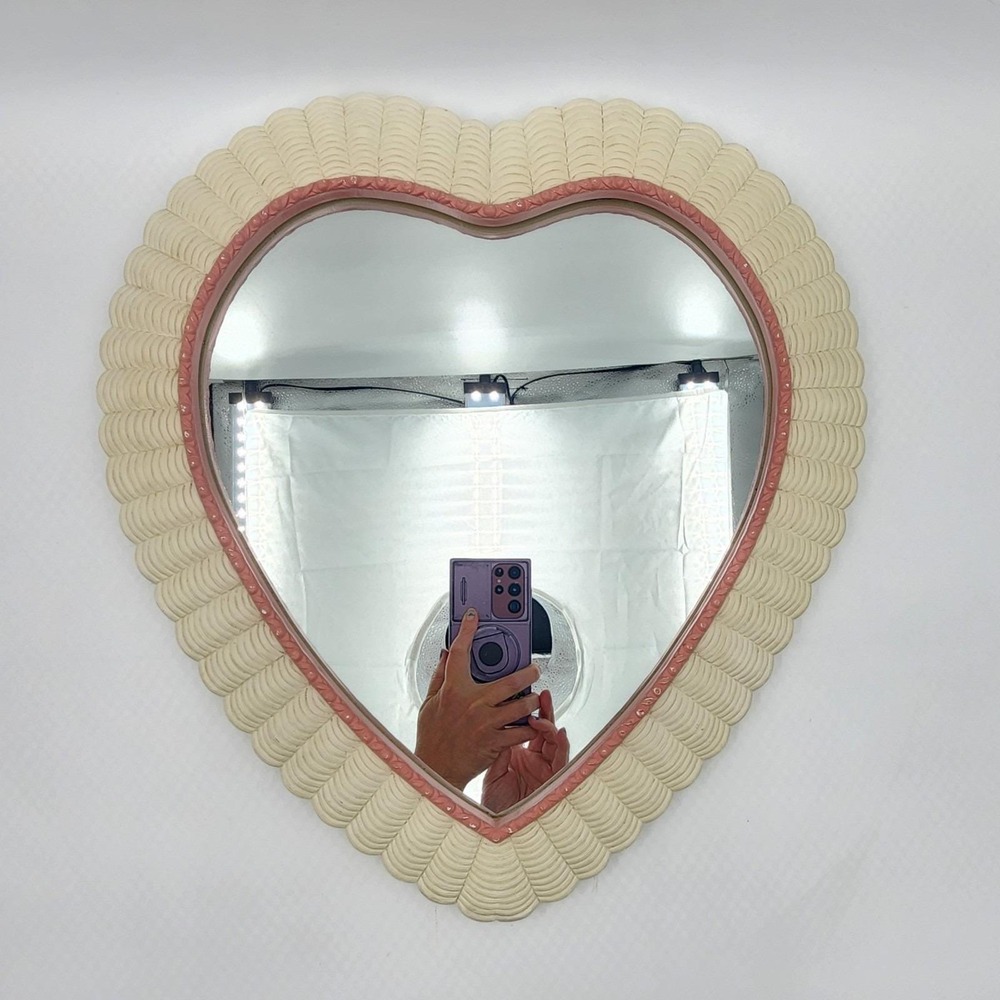 Vintage 80s Homco Mirror Wicker White Resin Pink Trim Heart Shaped